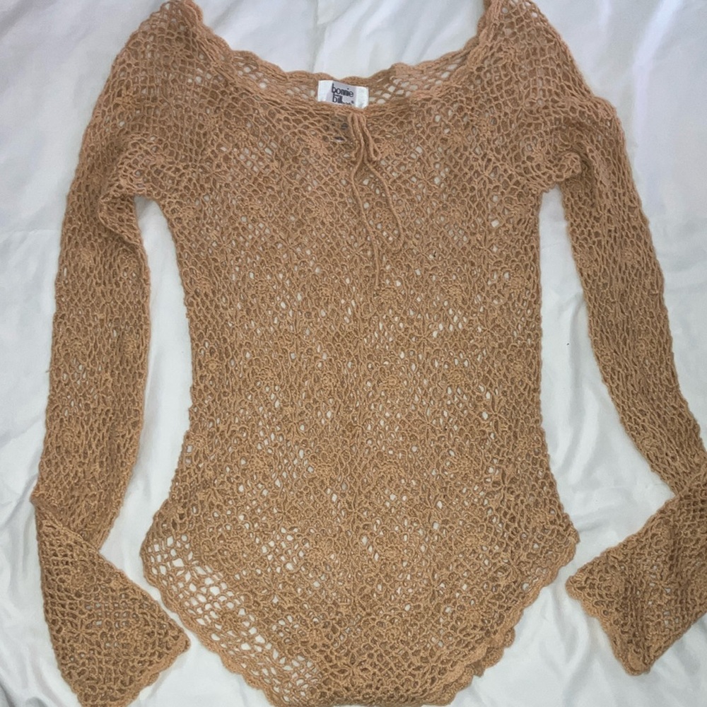 Elegant crochet tan long sleeve blouse